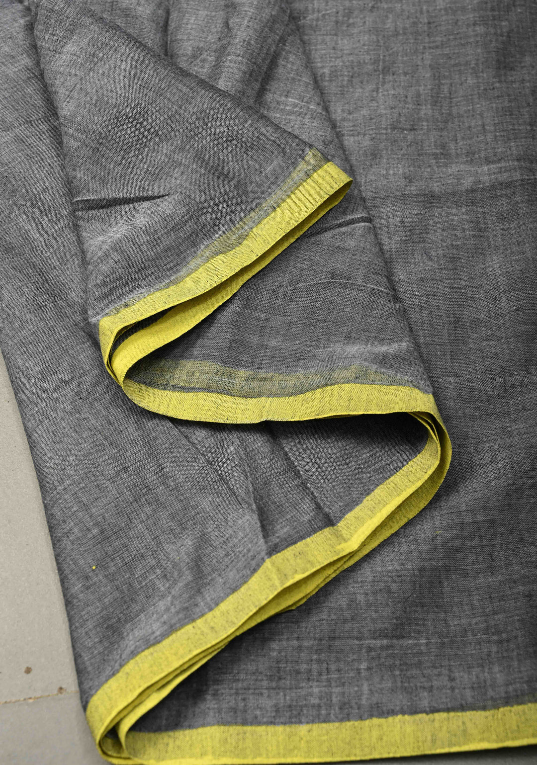 Gray Mulmul Cotton Saree with Yellow Long Tassels, No Blouse Piece | SHOBITAM