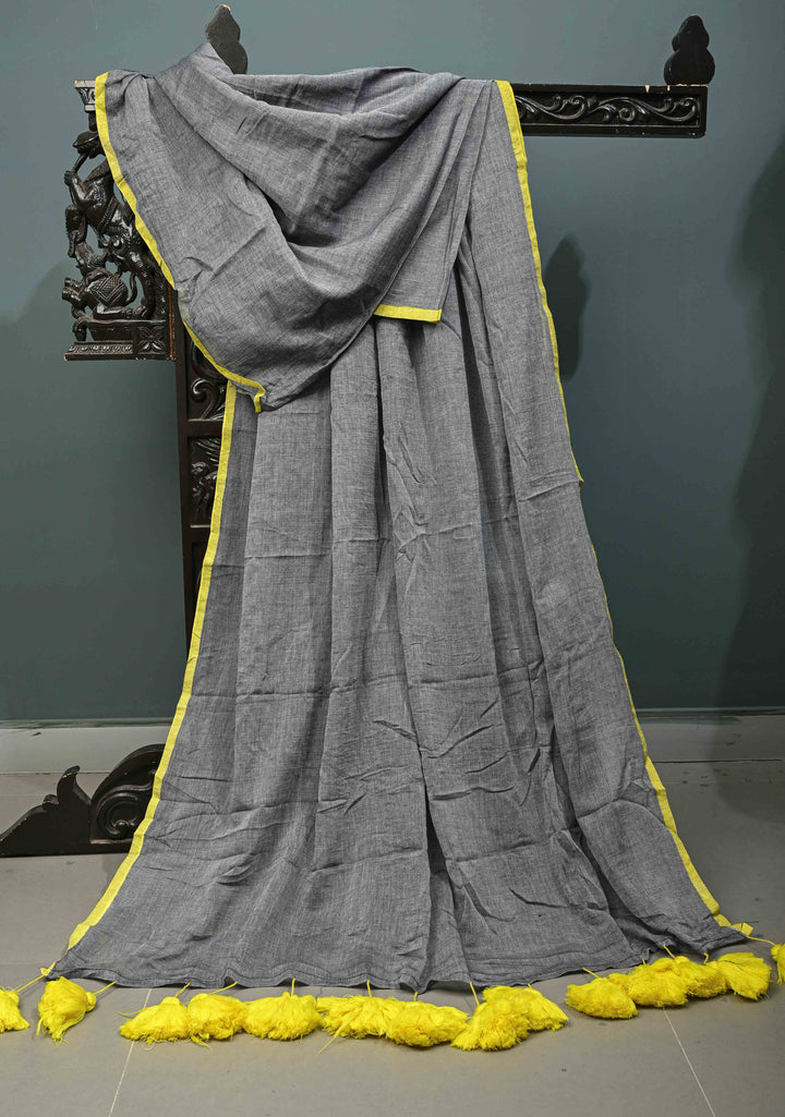 Gray Mulmul Cotton Saree with Yellow Long Tassels, No Blouse Piece | SHOBITAM