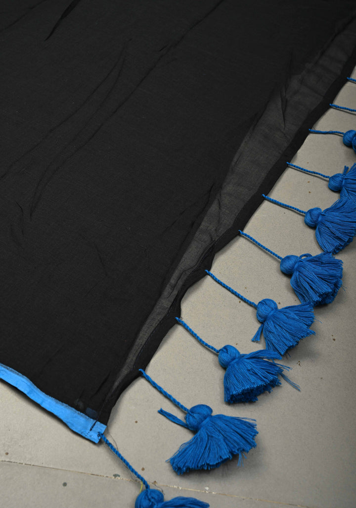 Black Mulmul Cotton Saree with Blue Long Tassels, No Blouse Piece | SHOBITAM