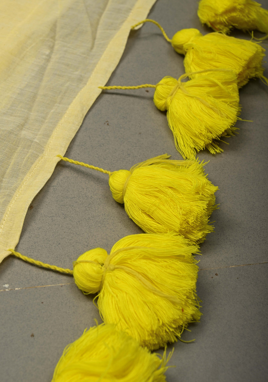 Butter Yellow  Mulmul Cotton Saree with Long Tassels, No Blouse Piece | SHOBITAM
