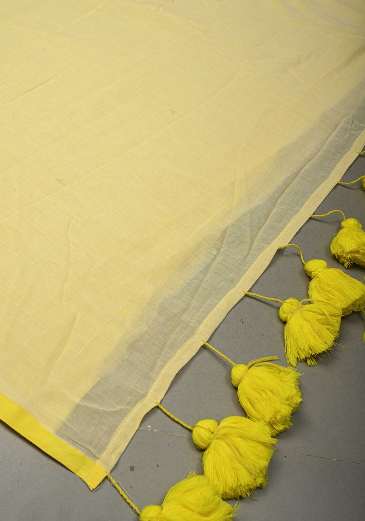 Butter Yellow  Mulmul Cotton Saree with Long Tassels, No Blouse Piece | SHOBITAM