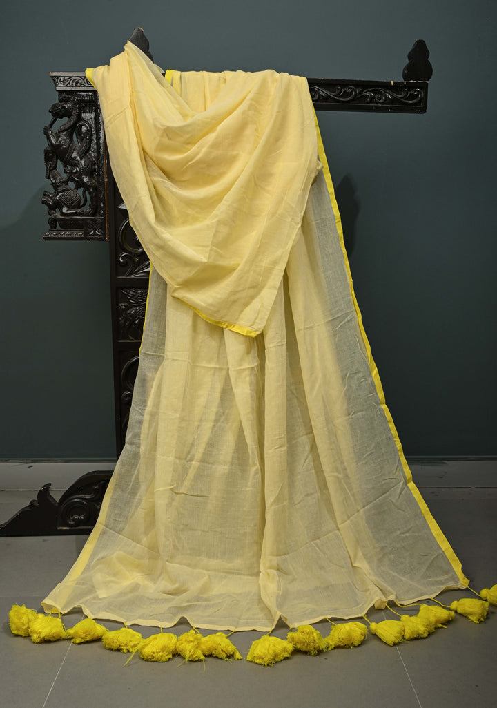 Butter Yellow  Mulmul Cotton Saree with Long Tassels, No Blouse Piece | SHOBITAM