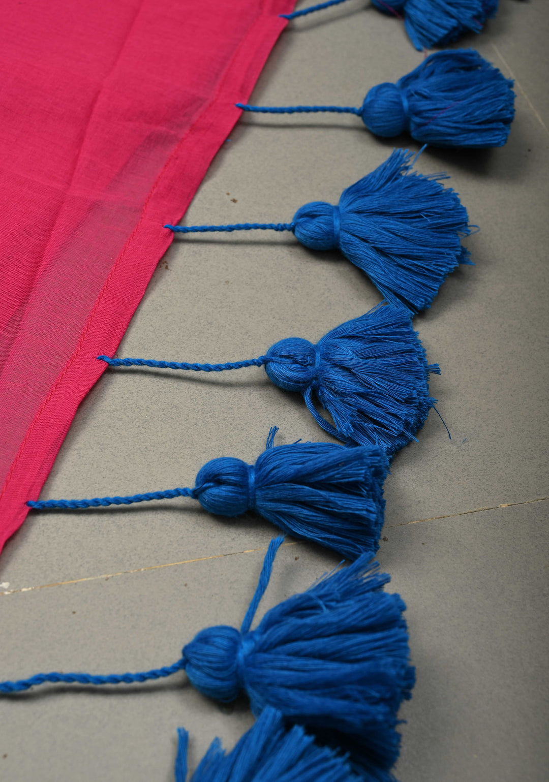 Bright Pink  Mulmul Cotton Saree with Long Blue Tassels, No Blouse Piece | SHOBITAM