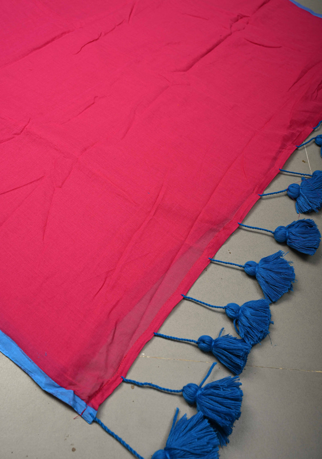 Bright Pink  Mulmul Cotton Saree with Long Blue Tassels, No Blouse Piece | SHOBITAM