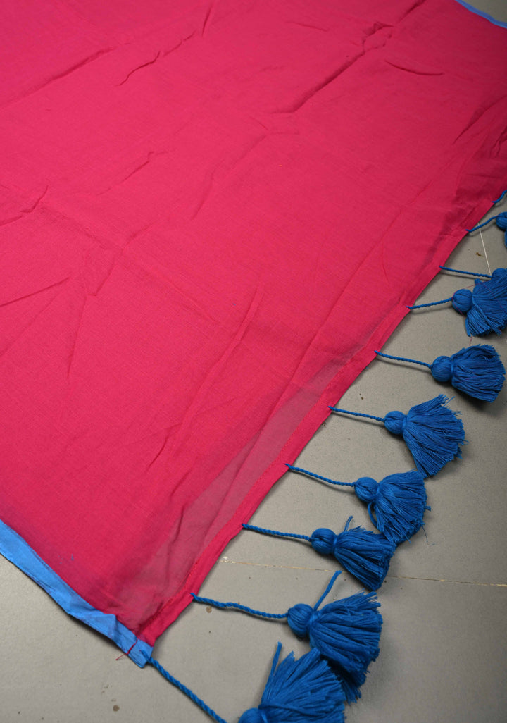 Bright Pink  Mulmul Cotton Saree with Long Blue Tassels, No Blouse Piece | SHOBITAM