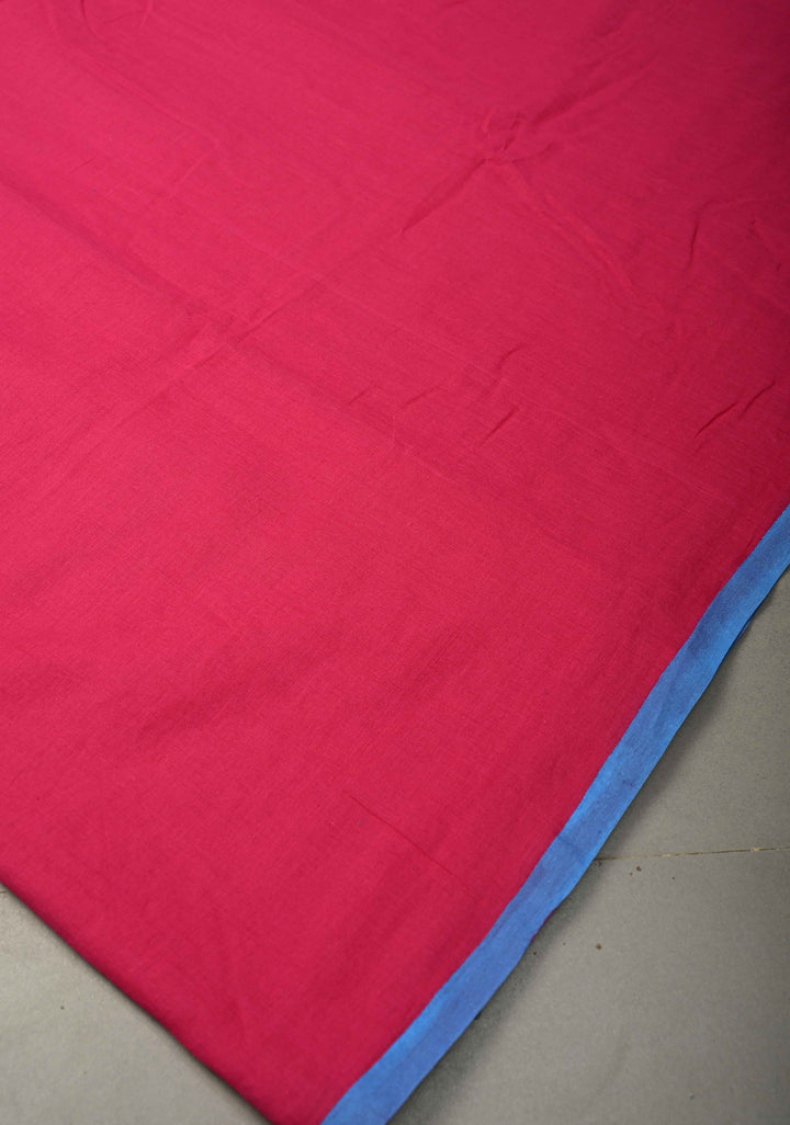 Bright Pink  Mulmul Cotton Saree with Long Blue Tassels, No Blouse Piece | SHOBITAM