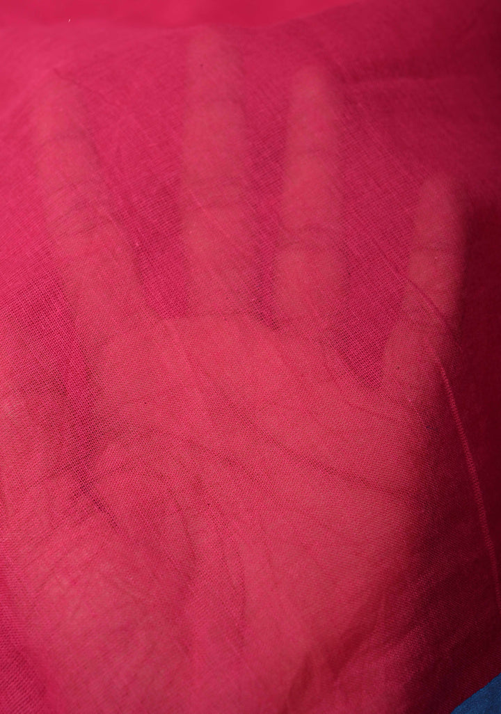 Bright Pink  Mulmul Cotton Saree with Long Blue Tassels, No Blouse Piece | SHOBITAM