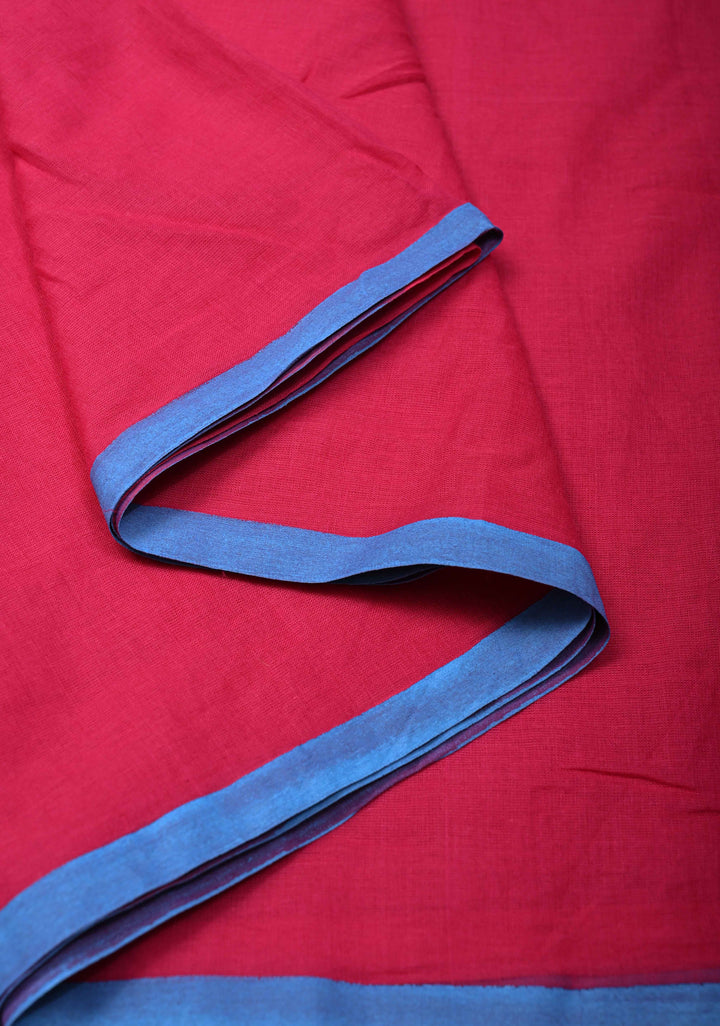 Bright Pink  Mulmul Cotton Saree with Long Blue Tassels, No Blouse Piece | SHOBITAM