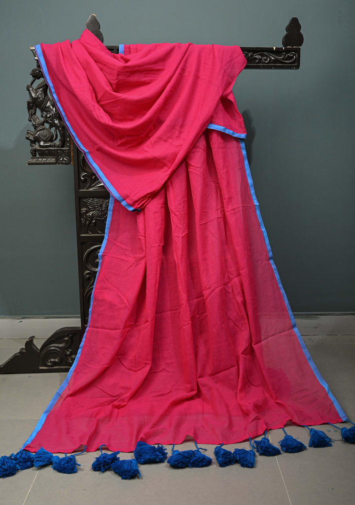 Bright Pink  Mulmul Cotton Saree with Long Blue Tassels, No Blouse Piece | SHOBITAM