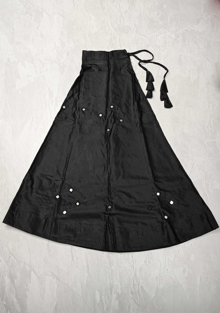 Black Modal Silk Skirt with Chunky Kutchi Mirror Embroidery, Handmade Skirt, made to order