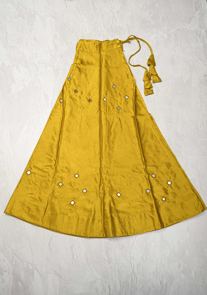 Moss Yellow Modal Silk Skirt with Chunky Kutchi Mirror Embroidery, Handmade Skirt, made to order