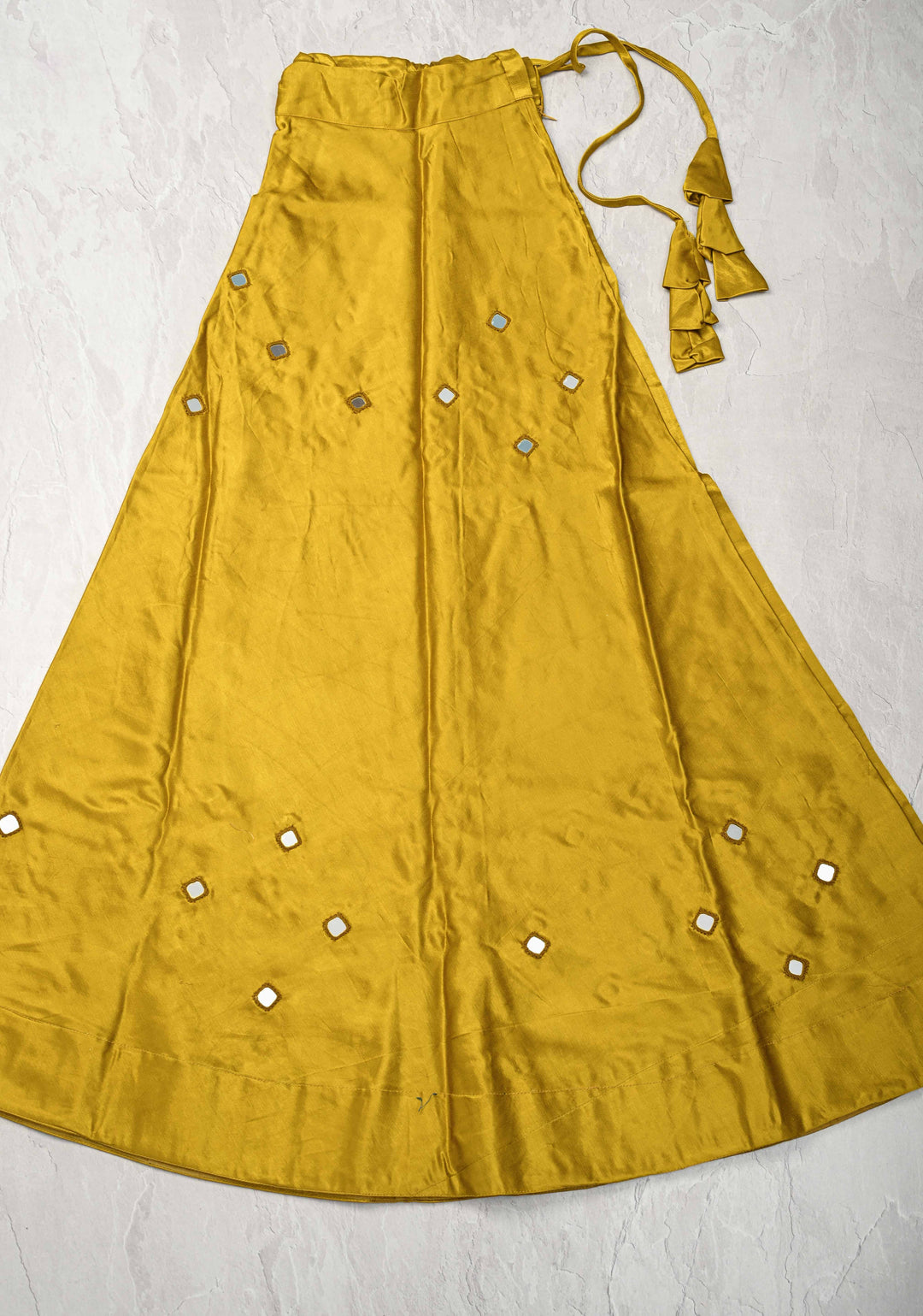 Moss Yellow Modal Silk Skirt with Chunky Kutchi Mirror Embroidery, Handmade Skirt, made to order