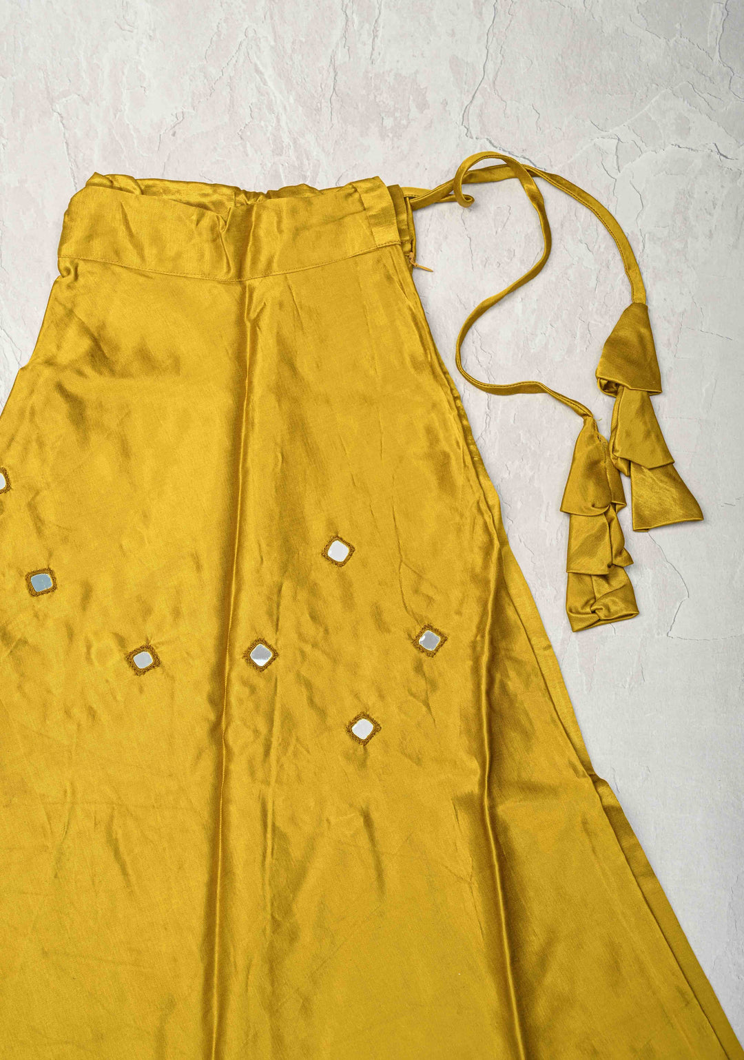 Moss Yellow Modal Silk Skirt with Chunky Kutchi Mirror Embroidery, Handmade Skirt, made to order