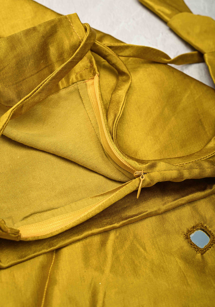 Moss Yellow Modal Silk Skirt with Chunky Kutchi Mirror Embroidery, Handmade Skirt, made to order
