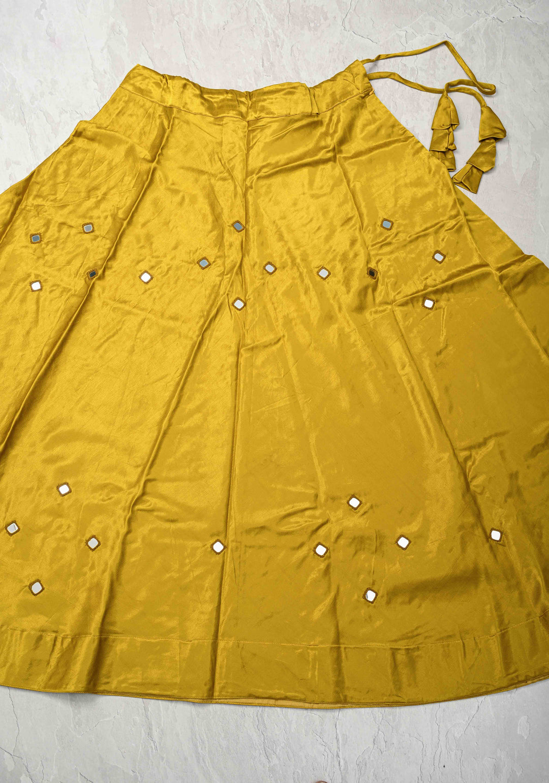 Moss Yellow Modal Silk Skirt with Chunky Kutchi Mirror Embroidery, Handmade Skirt, made to order