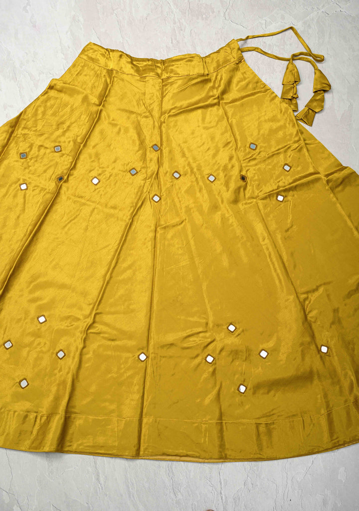 Moss Yellow Modal Silk Skirt with Chunky Kutchi Mirror Embroidery, Handmade Skirt, made to order