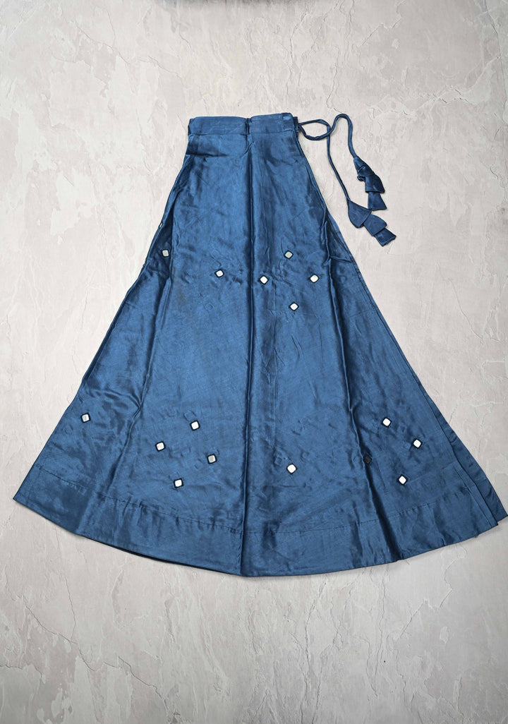Prussian Blue Modal Silk Skirt with Chunky Kutchi Mirror Embroidery, Handmade Skirt, made to order