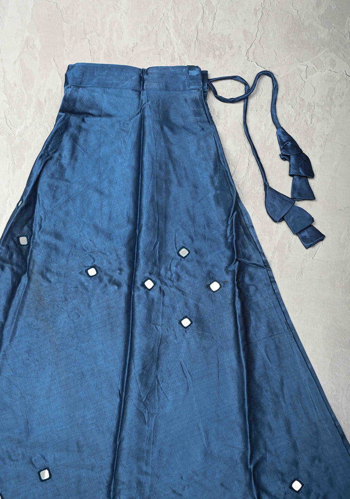 Prussian Blue Modal Silk Skirt with Chunky Kutchi Mirror Embroidery, Handmade Skirt, made to order