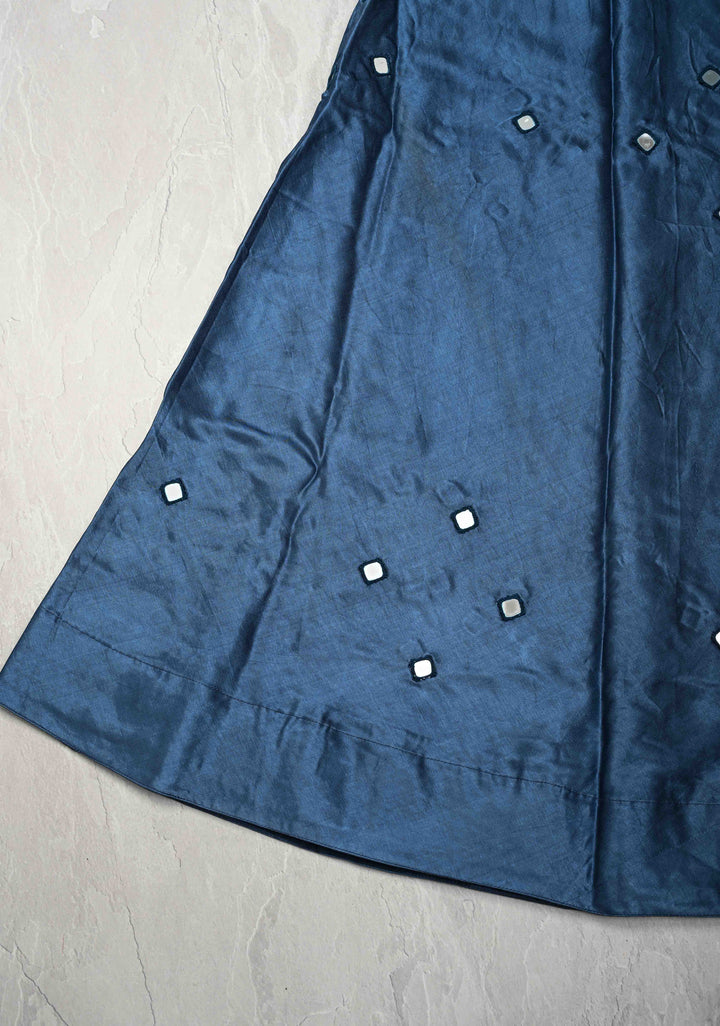 Prussian Blue Modal Silk Skirt with Chunky Kutchi Mirror Embroidery, Handmade Skirt, made to order