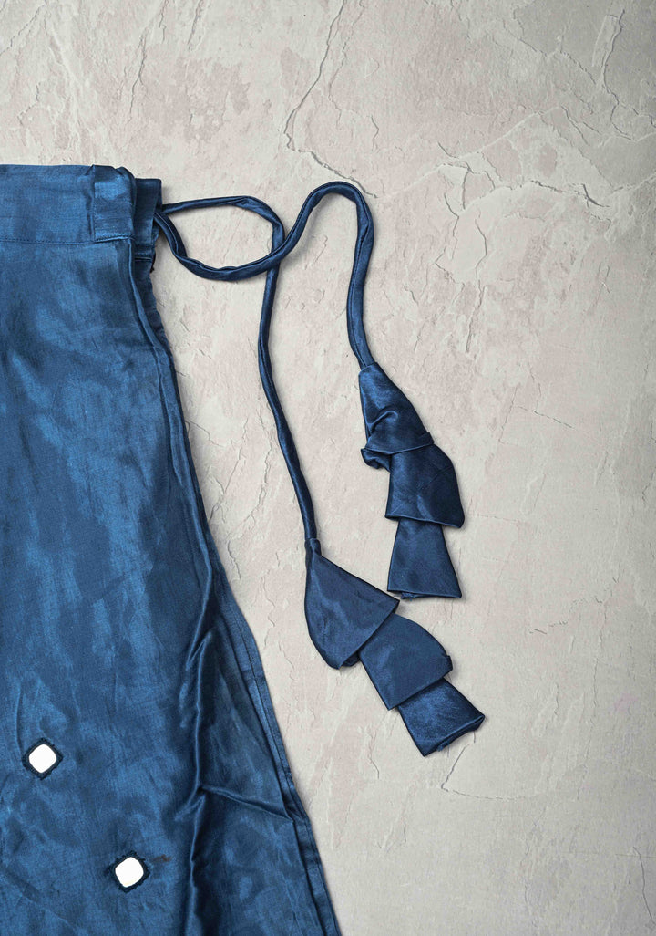 Prussian Blue Modal Silk Skirt with Chunky Kutchi Mirror Embroidery, Handmade Skirt, made to order