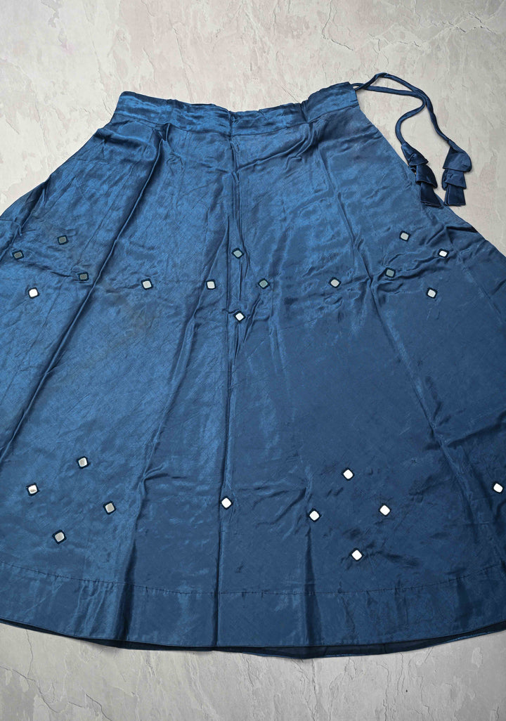 Prussian Blue Modal Silk Skirt with Chunky Kutchi Mirror Embroidery, Handmade Skirt, made to order