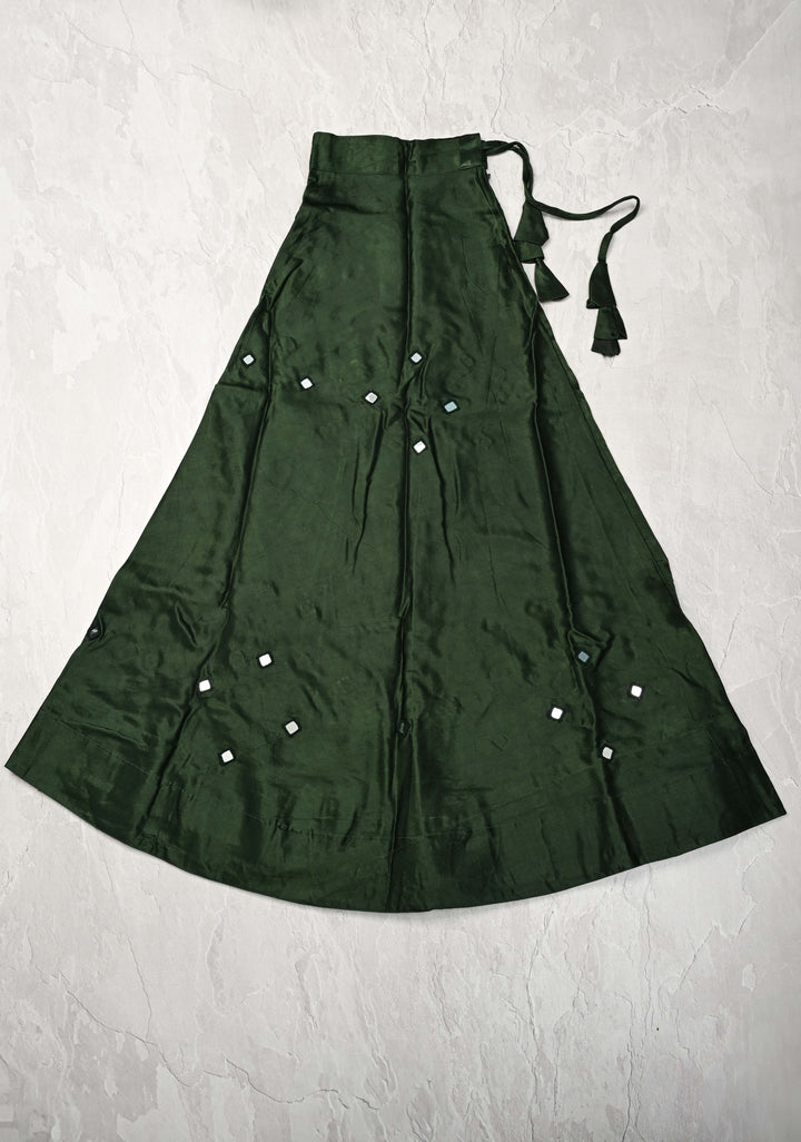Deep Green Modal Silk Skirt with Chunky Kutchi Mirror Embroidery, Handmade Skirt, made to order