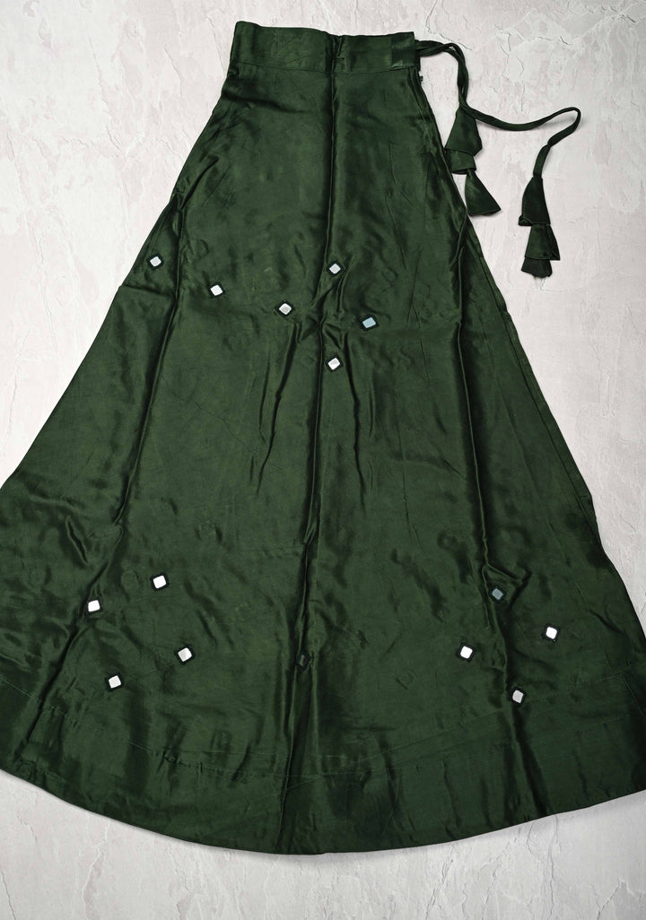 Deep Green Modal Silk Skirt with Chunky Kutchi Mirror Embroidery, Handmade Skirt, made to order
