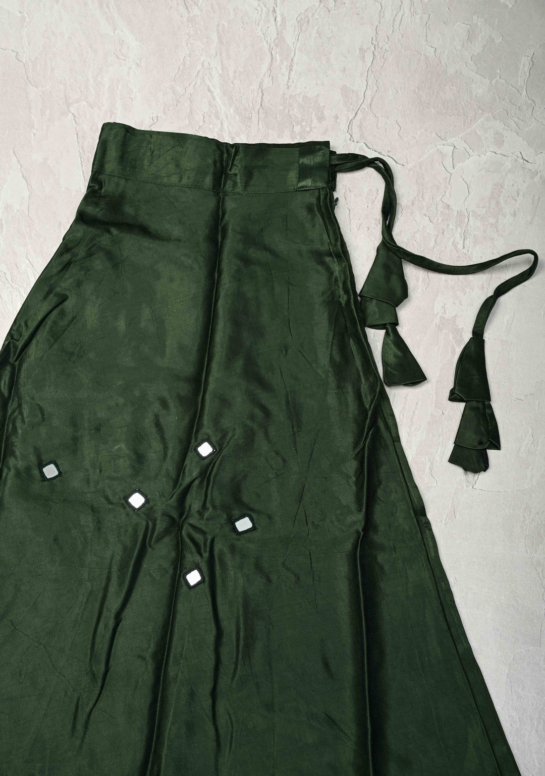 Deep Green Modal Silk Skirt with Chunky Kutchi Mirror Embroidery, Handmade Skirt, made to order