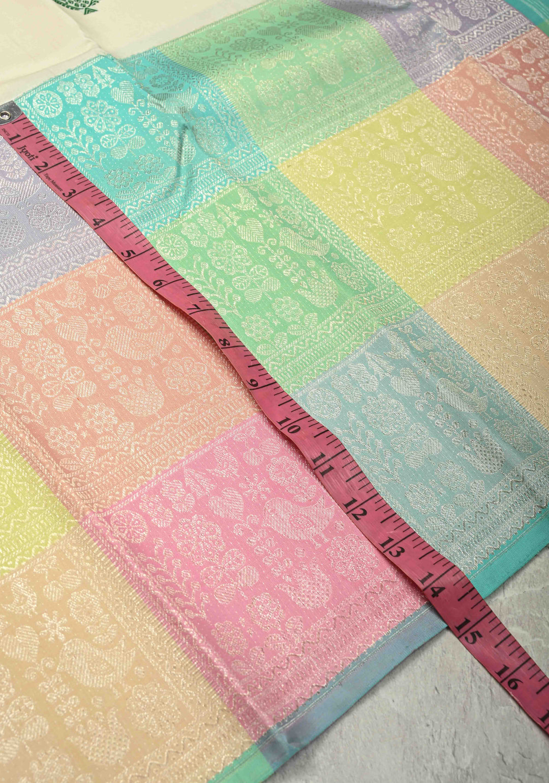 Ivory Handloom Pure Silk Kanchipattu Saree with Resham Meenakari Buttas and Pastel Hued Wide Zari Border | SILK MARK CERTIFIED