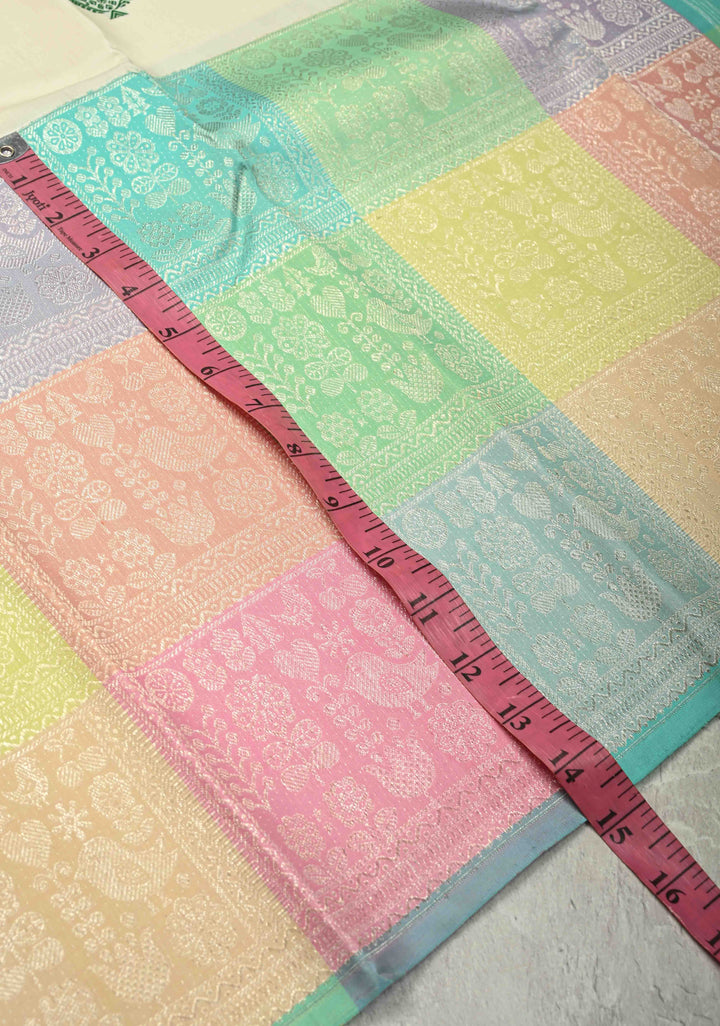 Ivory Handloom Pure Silk Kanchipattu Saree with Resham Meenakari Buttas and Pastel Hued Wide Zari Border | SILK MARK CERTIFIED