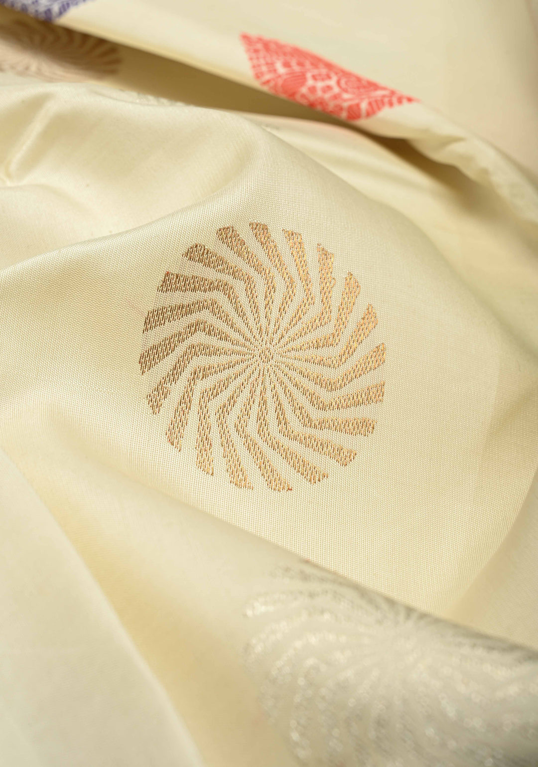 Ivory Handloom Pure Silk Kanchipattu Saree with Resham Meenakari Buttas and Pastel Hued Wide Zari Border | SILK MARK CERTIFIED