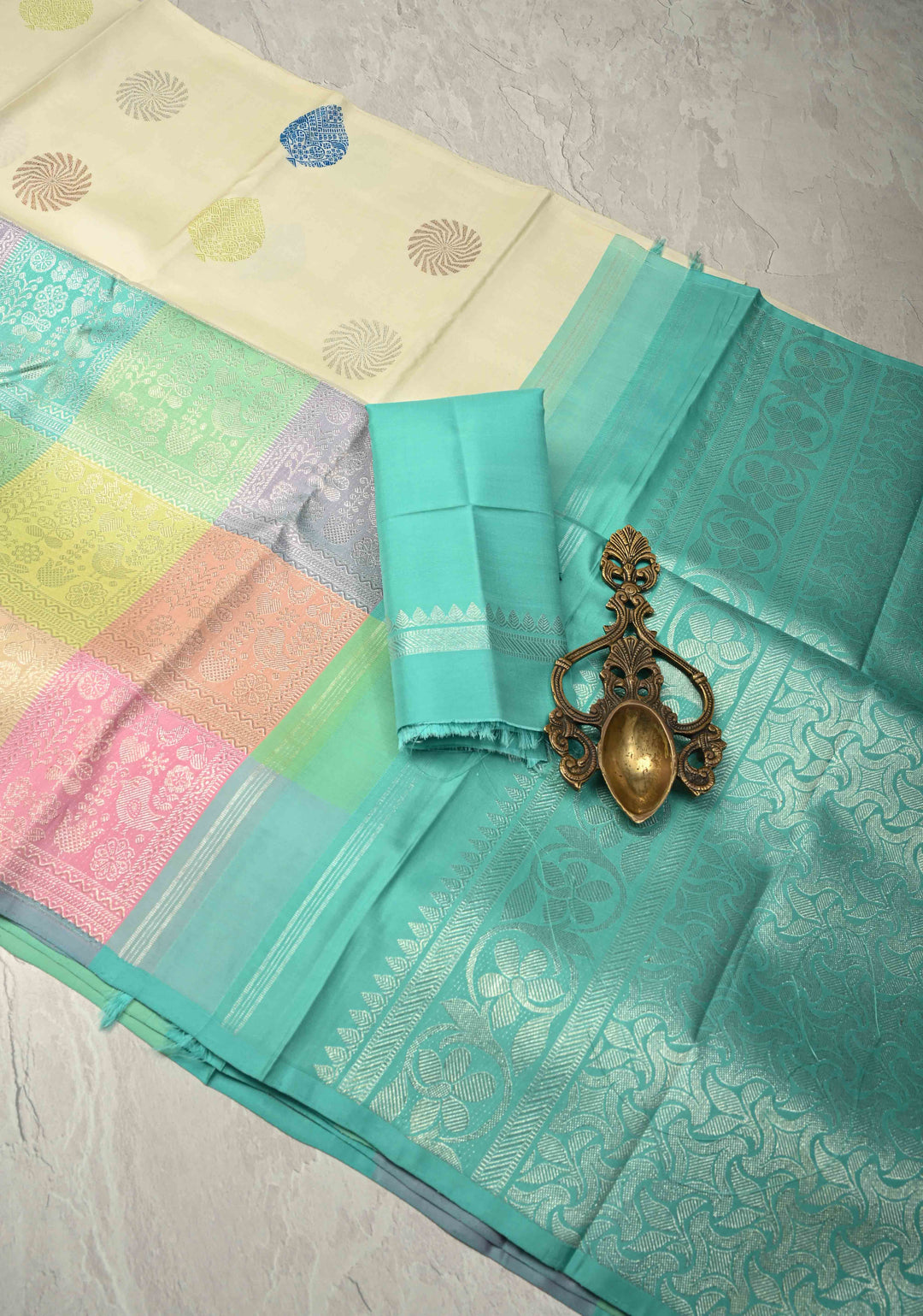 Ivory Handloom Pure Silk Kanchipattu Saree with Resham Meenakari Buttas and Pastel Hued Wide Zari Border | SILK MARK CERTIFIED