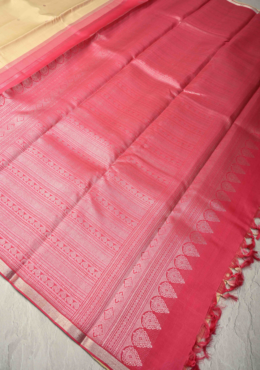 Dusky Beige Handloom Pure Silk Kanchi Saree with Meena Zari Chunri Buttis and Temple Motifs on Minimal Zari Border | SILK MARK CERTIFIED