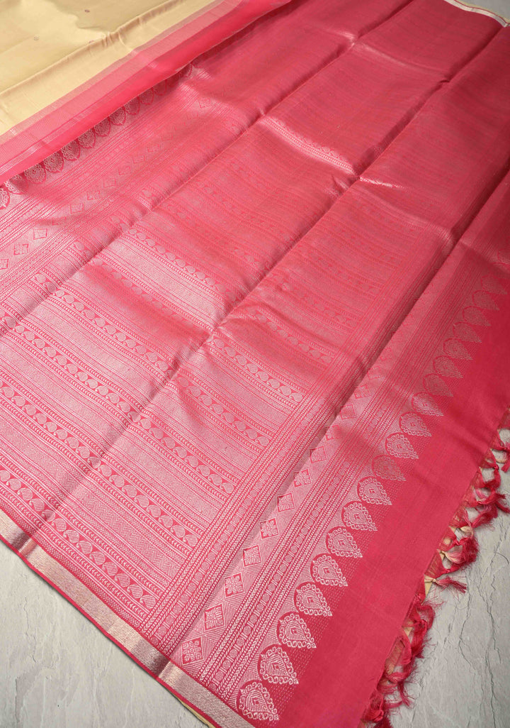 Dusky Beige Handloom Pure Silk Kanchi Saree with Meena Zari Chunri Buttis and Temple Motifs on Minimal Zari Border | SILK MARK CERTIFIED