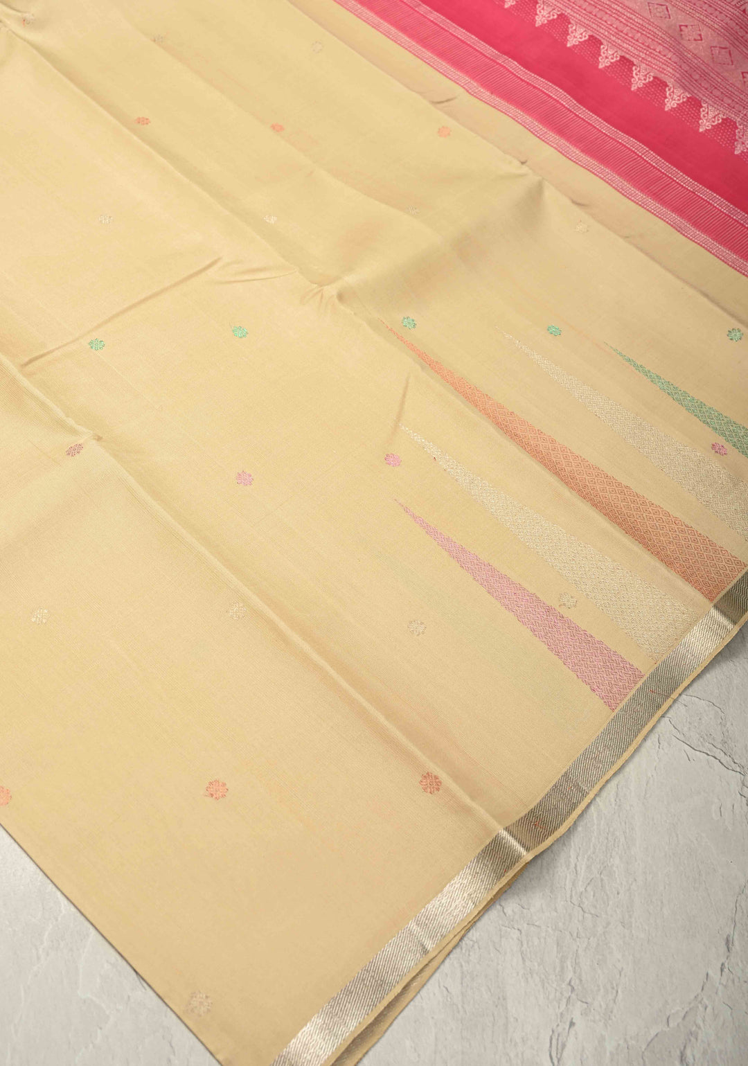 Dusky Beige Handloom Pure Silk Kanchi Saree with Meena Zari Chunri Buttis and Temple Motifs on Minimal Zari Border | SILK MARK CERTIFIED