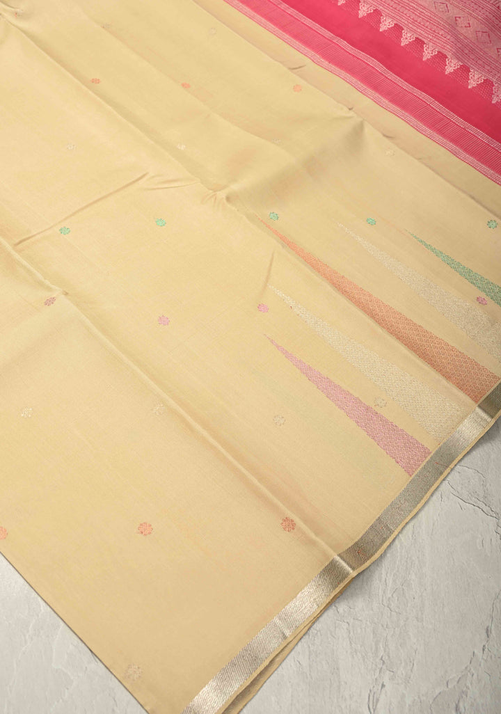 Dusky Beige Handloom Pure Silk Kanchi Saree with Meena Zari Chunri Buttis and Temple Motifs on Minimal Zari Border | SILK MARK CERTIFIED
