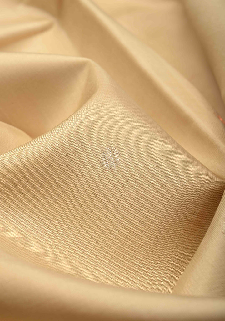 Dusky Beige Handloom Pure Silk Kanchi Saree with Meena Zari Chunri Buttis and Temple Motifs on Minimal Zari Border | SILK MARK CERTIFIED