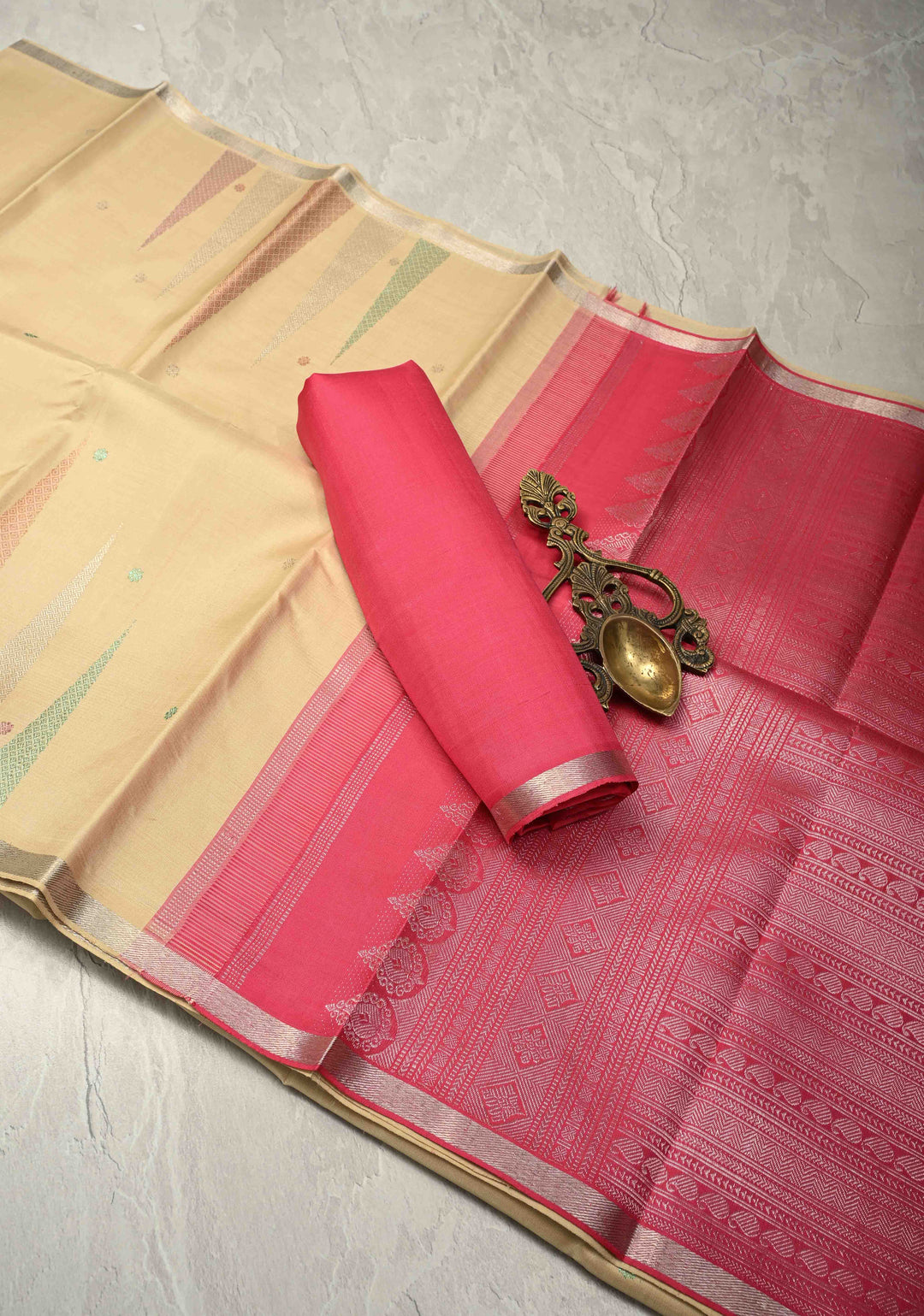 Dusky Beige Handloom Pure Silk Kanchi Saree with Meena Zari Chunri Buttis and Temple Motifs on Minimal Zari Border | SILK MARK CERTIFIED