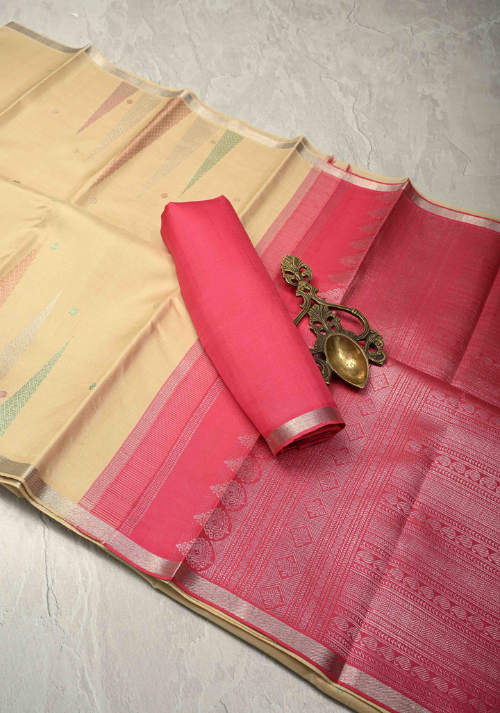 Dusky Beige Handloom Pure Silk Kanchi Saree with Meena Zari Chunri Buttis and Temple Motifs on Minimal Zari Border | SILK MARK CERTIFIED