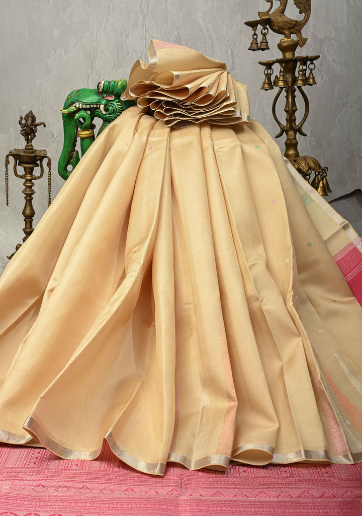 Dusky Beige Handloom Pure Silk Kanchi Saree with Meena Zari Chunri Buttis and Temple Motifs on Minimal Zari Border | SILK MARK CERTIFIED