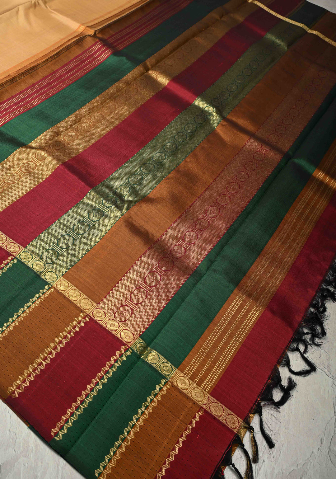 Unique Colors Deep Sandalwood Handloom Pure Silk Kanchipattu Saree with Multicolor Border  | SILK MARK CERTIFIED