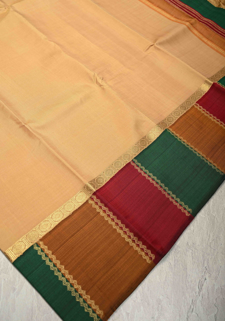 Unique Colors Deep Sandalwood Handloom Pure Silk Kanchipattu Saree with Multicolor Border  | SILK MARK CERTIFIED