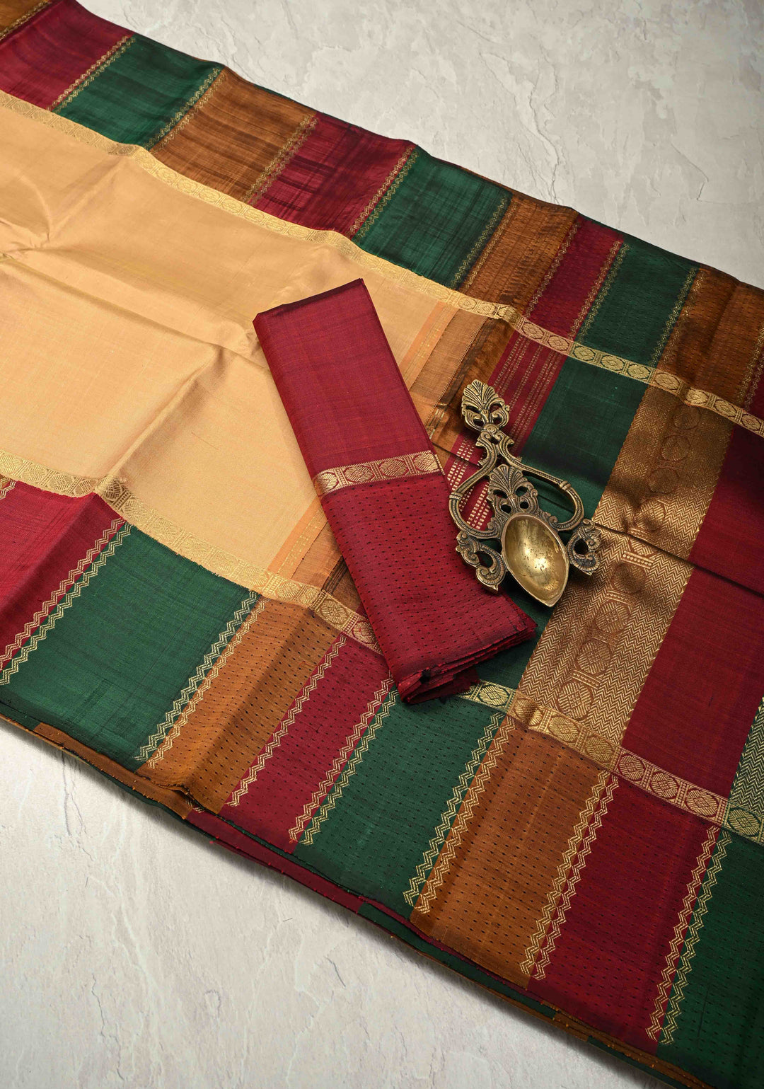 Unique Colors Deep Sandalwood Handloom Pure Silk Kanchipattu Saree with Multicolor Border  | SILK MARK CERTIFIED