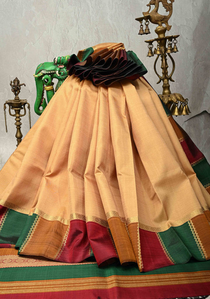 Unique Colors Deep Sandalwood Handloom Pure Silk Kanchipattu Saree with Multicolor Border  | SILK MARK CERTIFIED