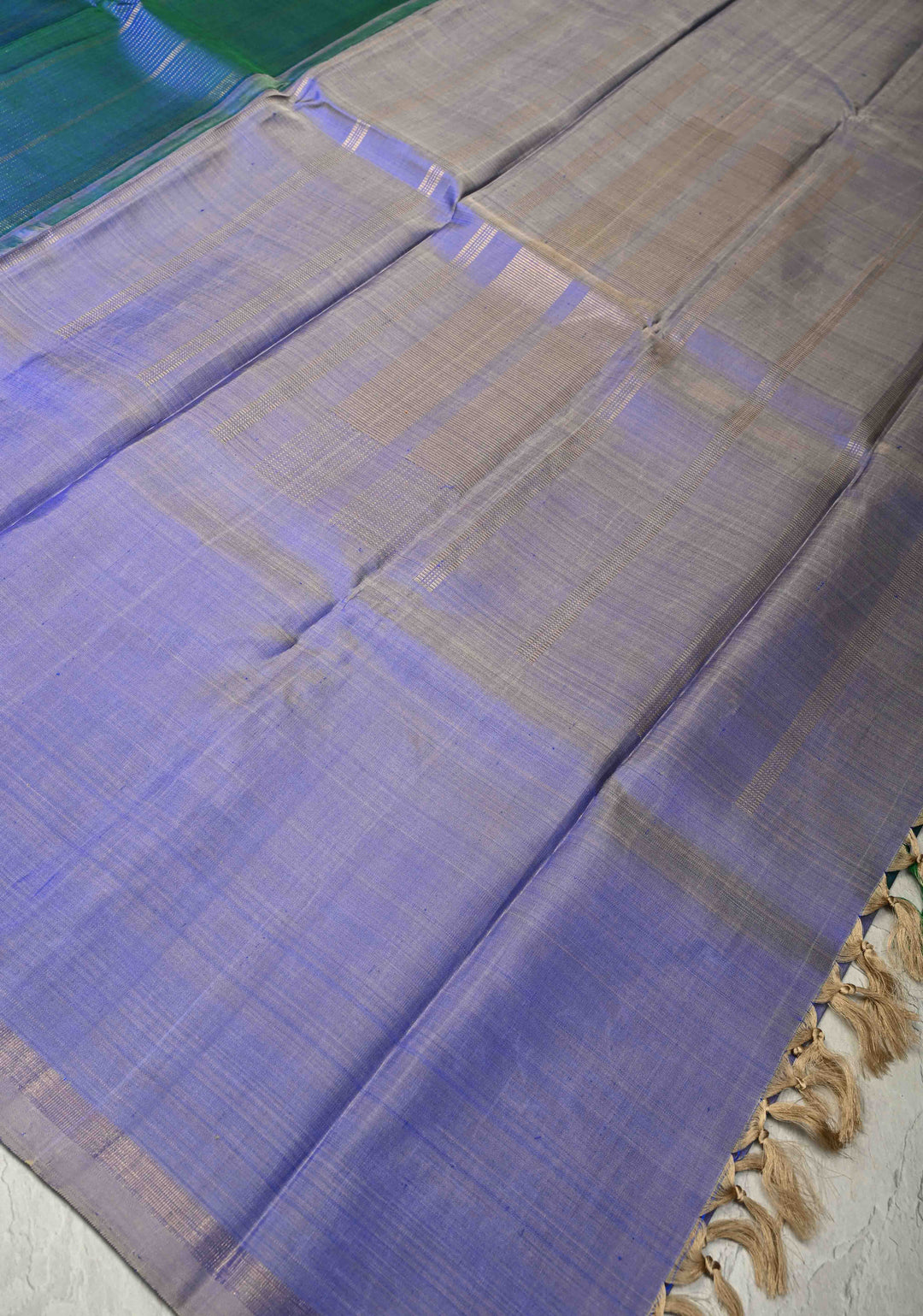 Peacock Blue Dual tone Handloom Pure Silk Kanchipattu Saree with Vertical Zari Stripes and Contrast Wide Border  | SILK MARK CERTIFIED