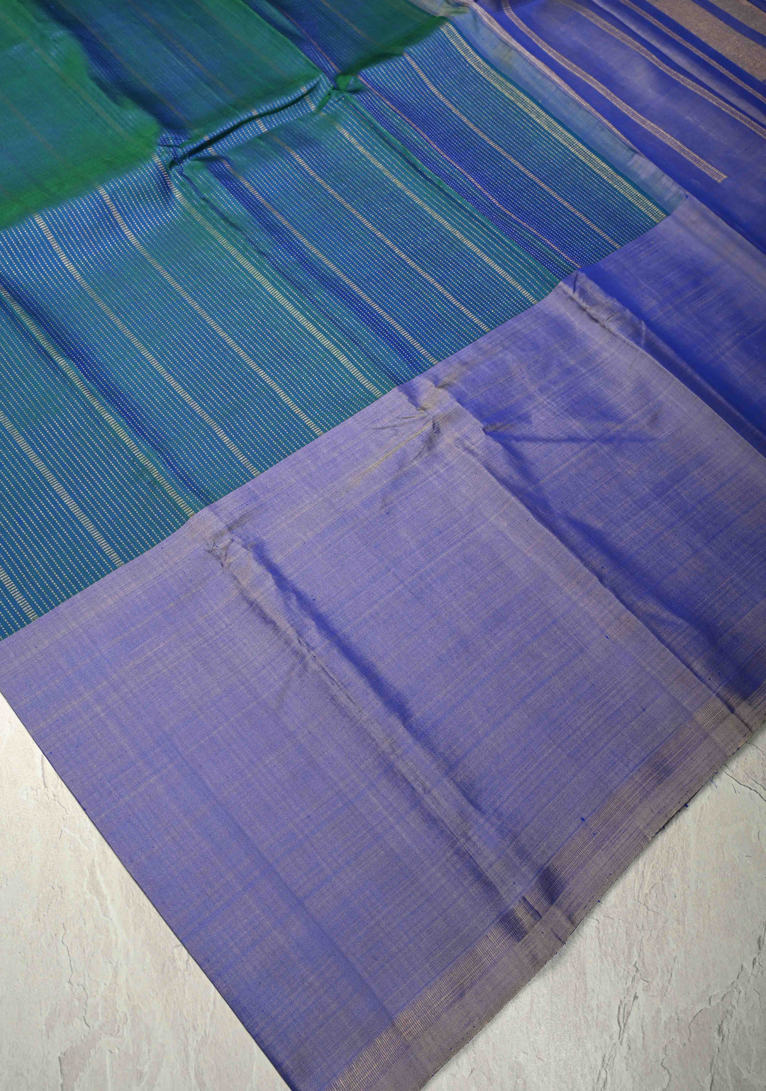 Peacock Blue Dual tone Handloom Pure Silk Kanchipattu Saree with Vertical Zari Stripes and Contrast Wide Border  | SILK MARK CERTIFIED