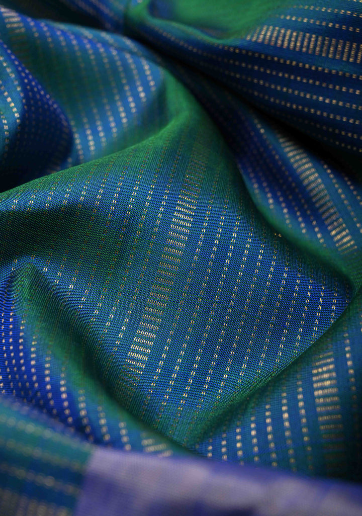 Peacock Blue Dual tone Handloom Pure Silk Kanchipattu Saree with Vertical Zari Stripes and Contrast Wide Border  | SILK MARK CERTIFIED