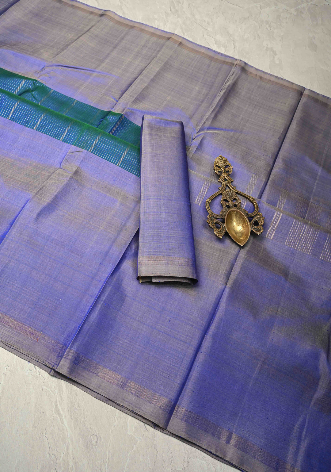 Peacock Blue Dual tone Handloom Pure Silk Kanchipattu Saree with Vertical Zari Stripes and Contrast Wide Border  | SILK MARK CERTIFIED