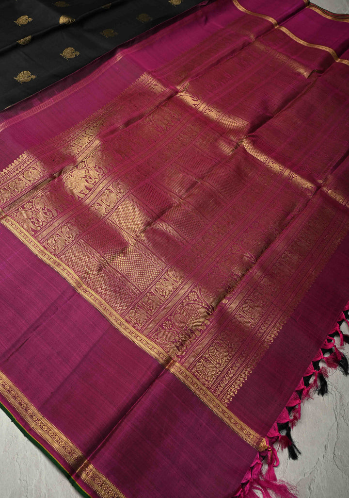 Black Handloom Pure Silk Kanchipattu Saree with Zari Buttas and Contrast Rettaipet Zari Border  | SILK MARK CERTIFIED