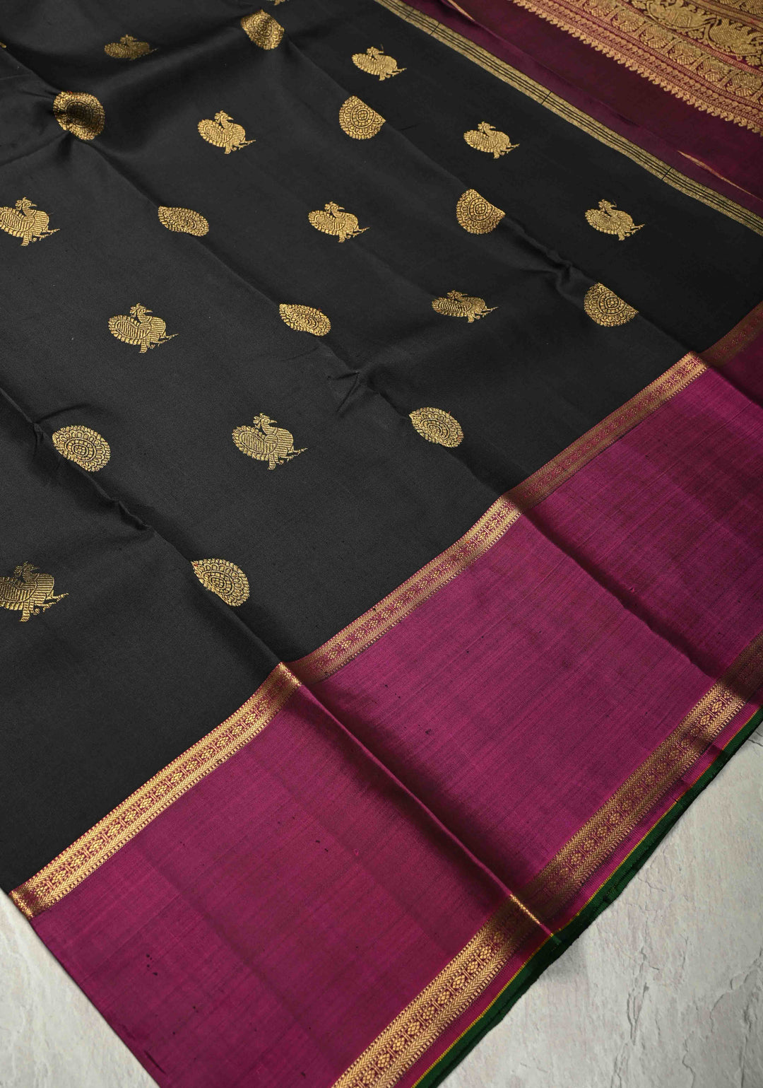 Black Handloom Pure Silk Kanchipattu Saree with Zari Buttas and Contrast Rettaipet Zari Border  | SILK MARK CERTIFIED